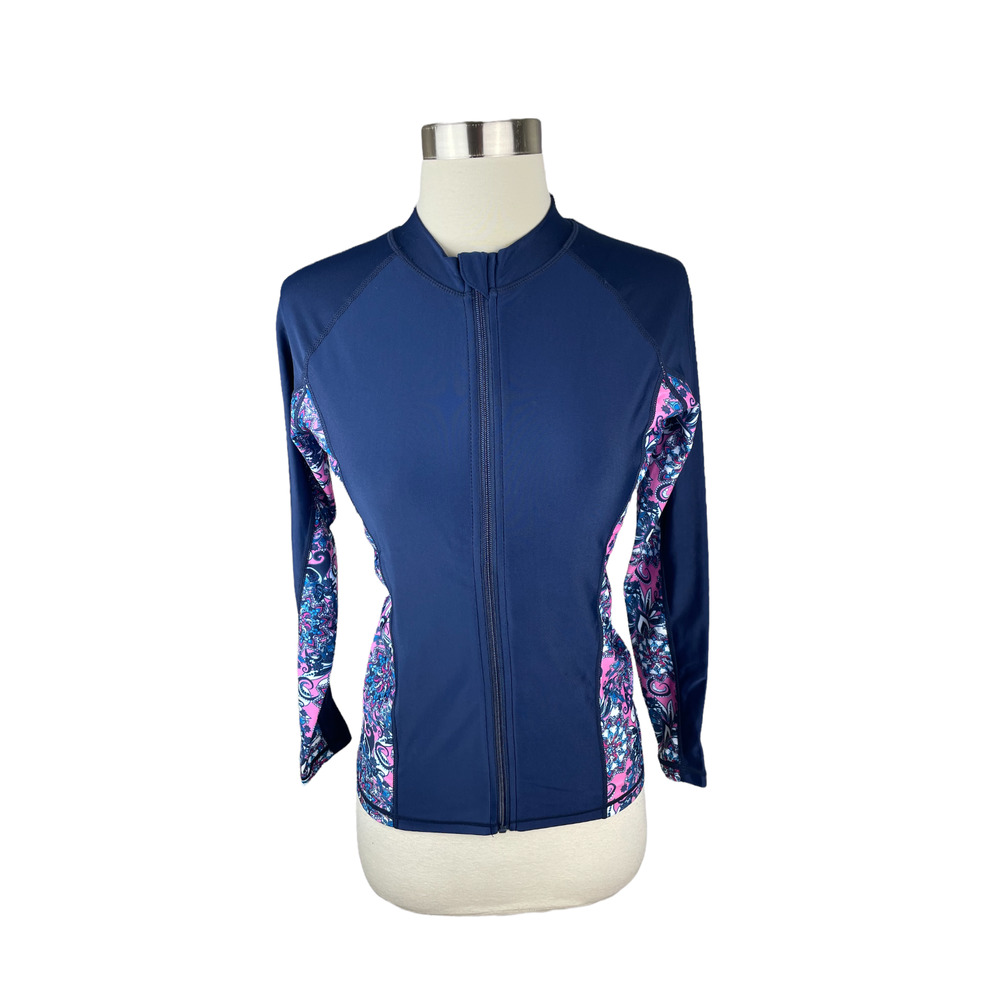 TSLA NEW S Navy Blue Pink Print Full Zip UPF 50+ Long Sleeve Rash Guard